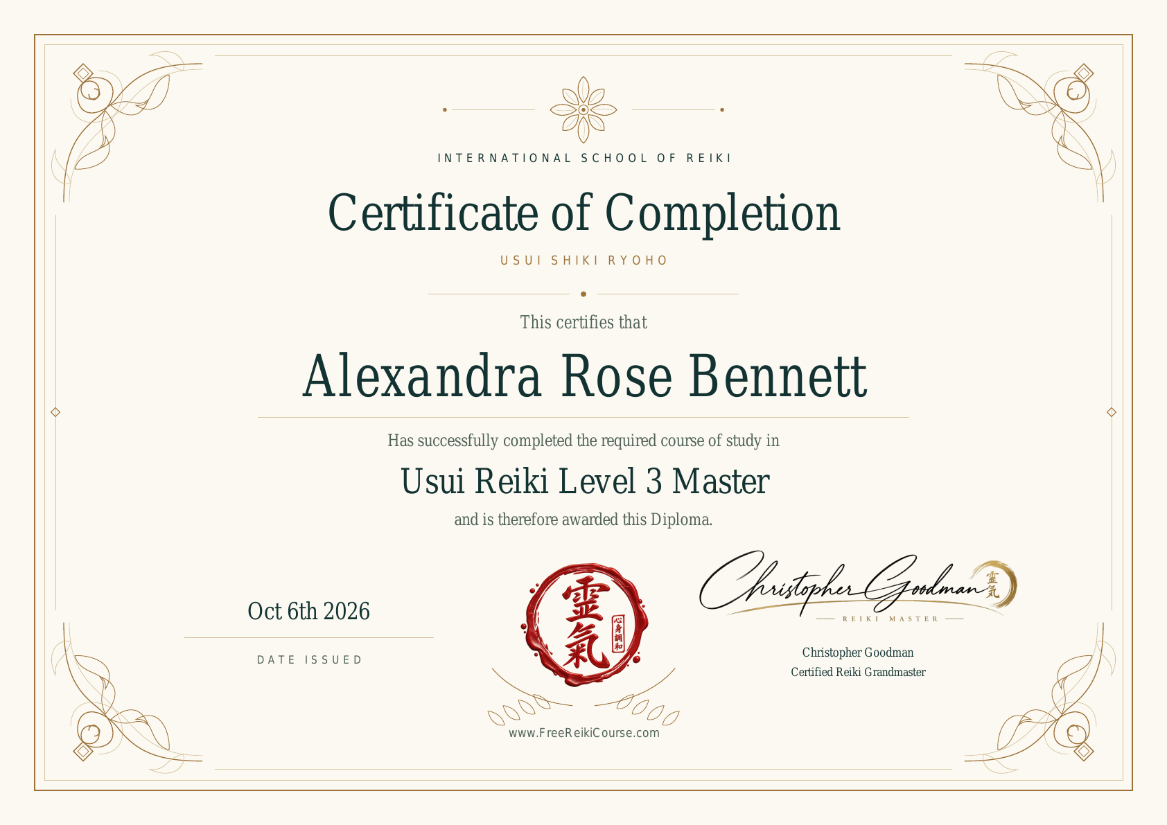 Reiki certificate example for Alexandra Rose Bennett Reiki certificate example for Alexandra Rose Bennett