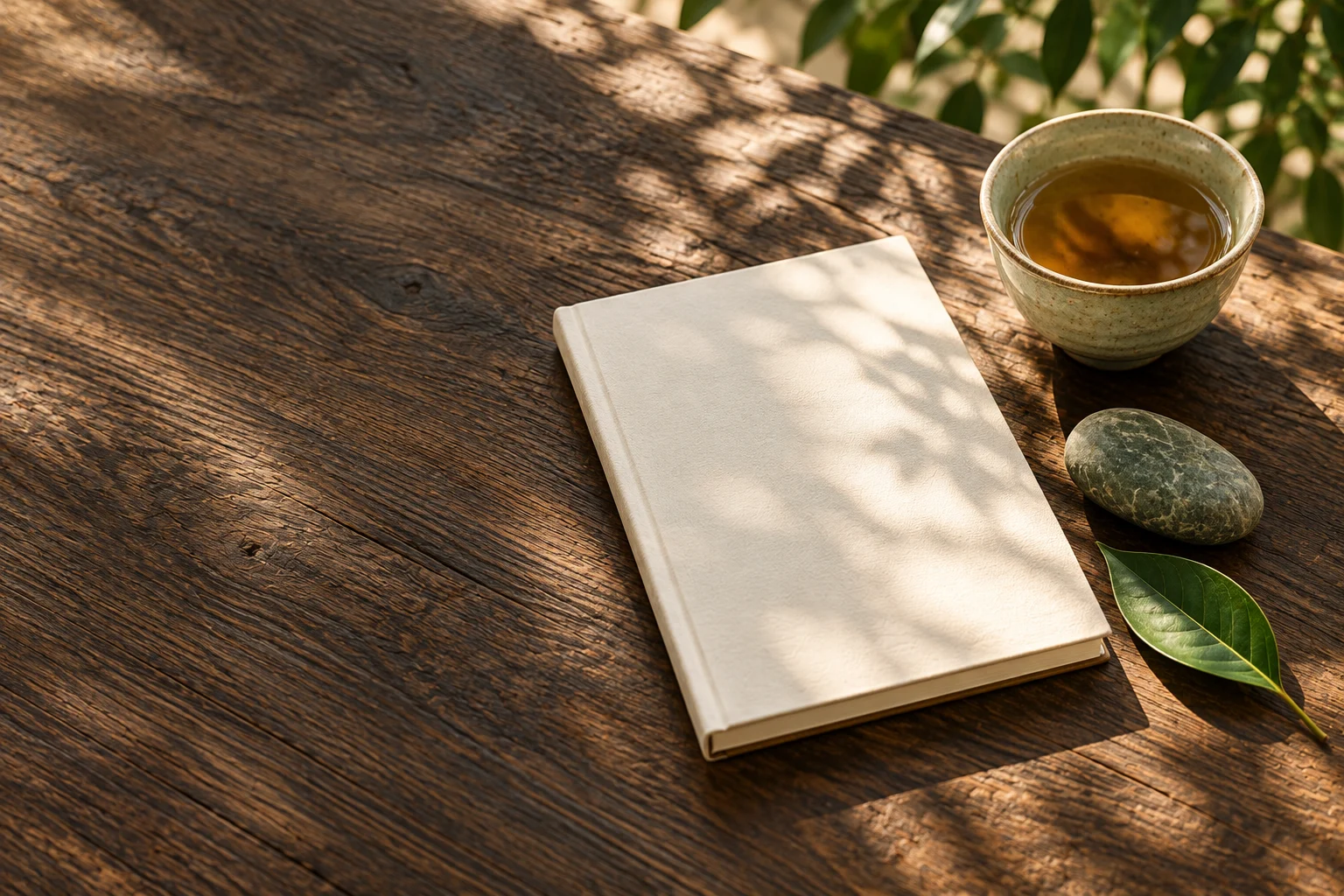 A blank cream notebook, cup of tea, smooth green pebble and single leaf rest on a dark oak table.