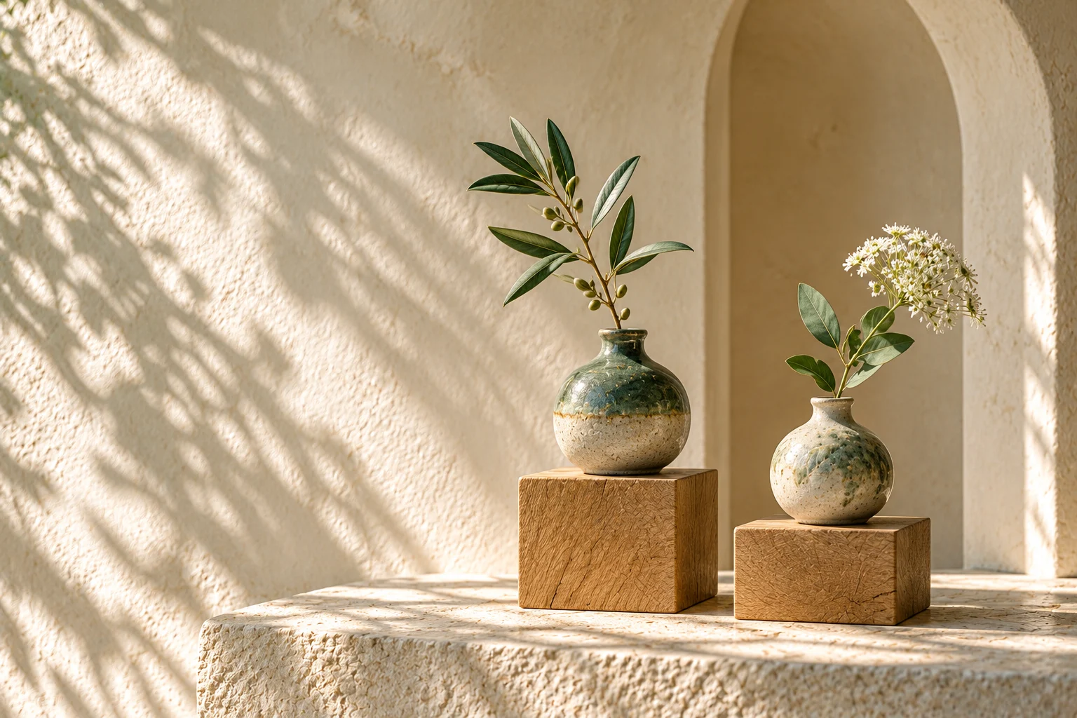 Two handmade ceramic vases hold separate botanical stems on oak blocks in a sunlit ivory alcove.