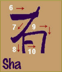 Sha: manual numbered arrows show strokes 6 through 10, with the curved diagonal crossing into the lower enclosure.