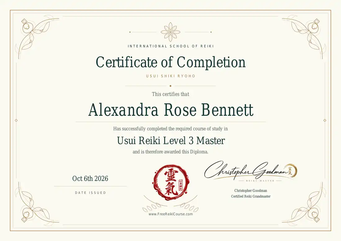 Example Master-level Reiki certificate for Alexandra Rose Bennett, with school signature and seal