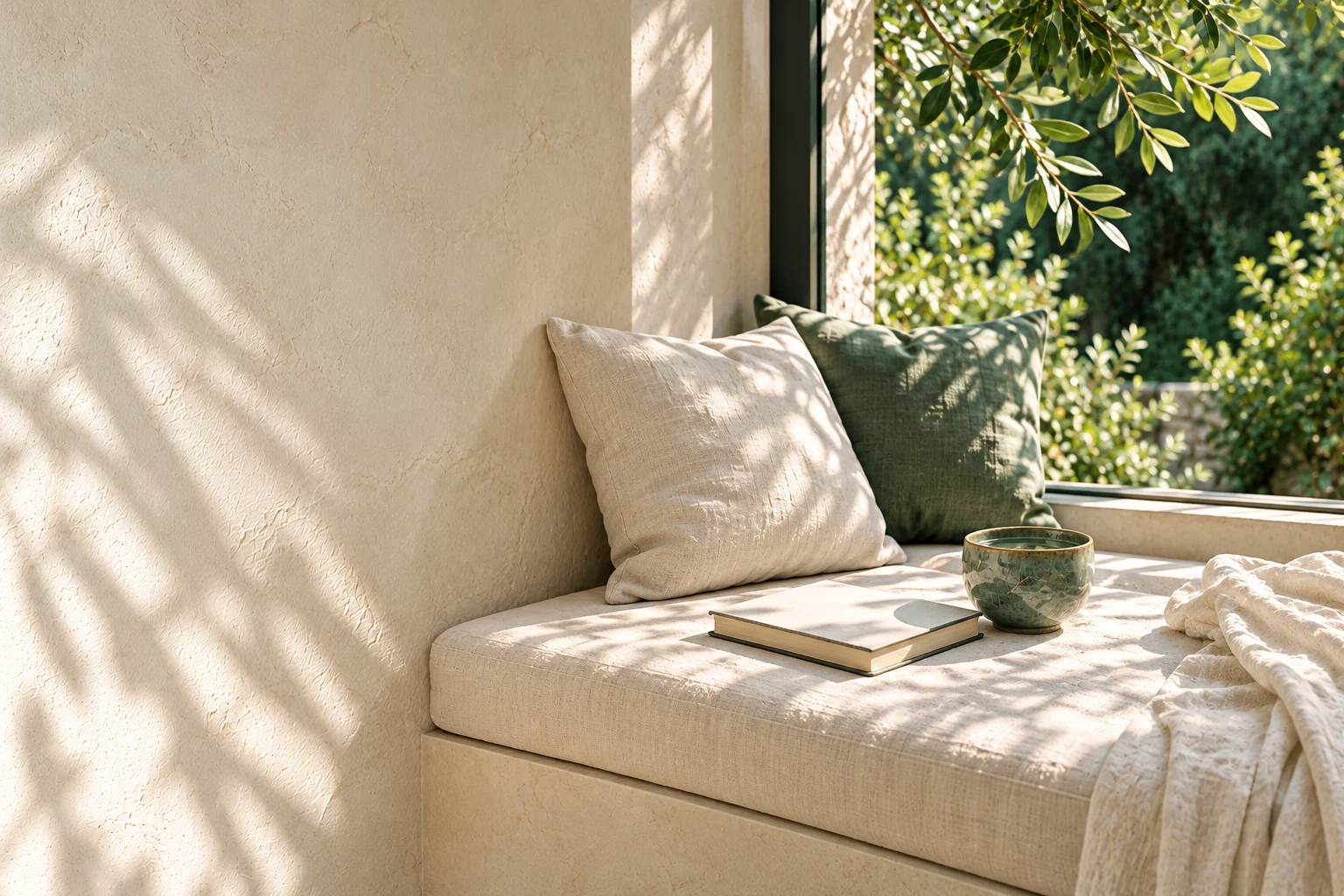 A blank closed notebook and a ceramic water cup sit on an ivory window seat beside cushions and draped linen.