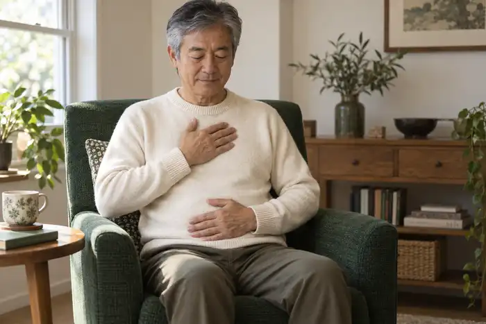 An older adult seated in a quiet home with hands resting on his chest and abdomen