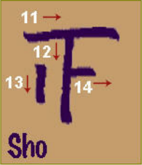 Sho: manual arrows show top crossbar 11, descending centre stroke 12, short left vertical 13 and right horizontal 14.