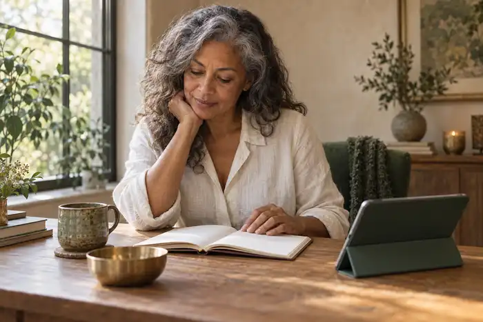 An older woman reading a study notebook at a table beside a softly lit window