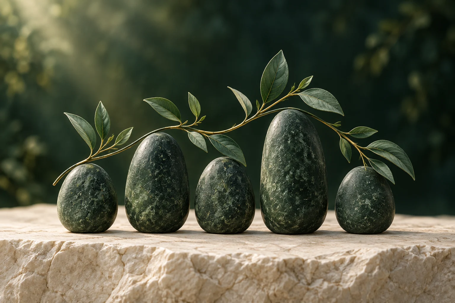Five dark green stones beside a leafy branch.