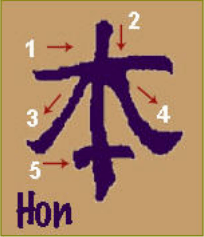Hon: manual arrows identify strokes 1 through 5, beginning with the horizontal crossbar, then the vertical centre stroke.
