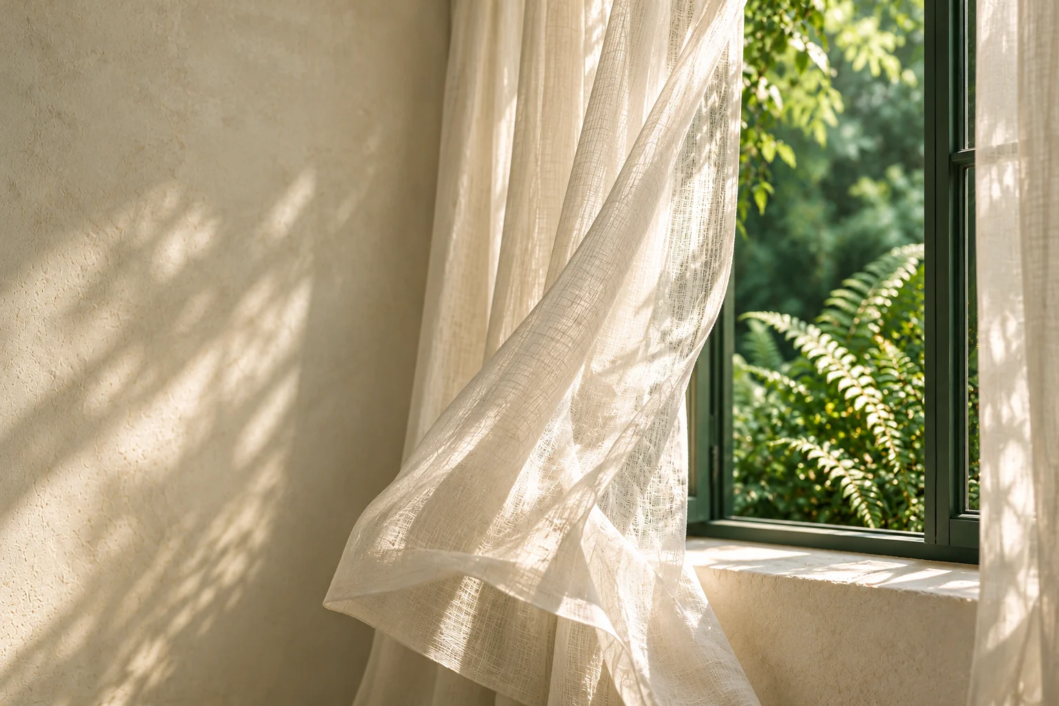 Sheer ivory curtains billow beside an open green-framed window overlooking sunlit ferns.