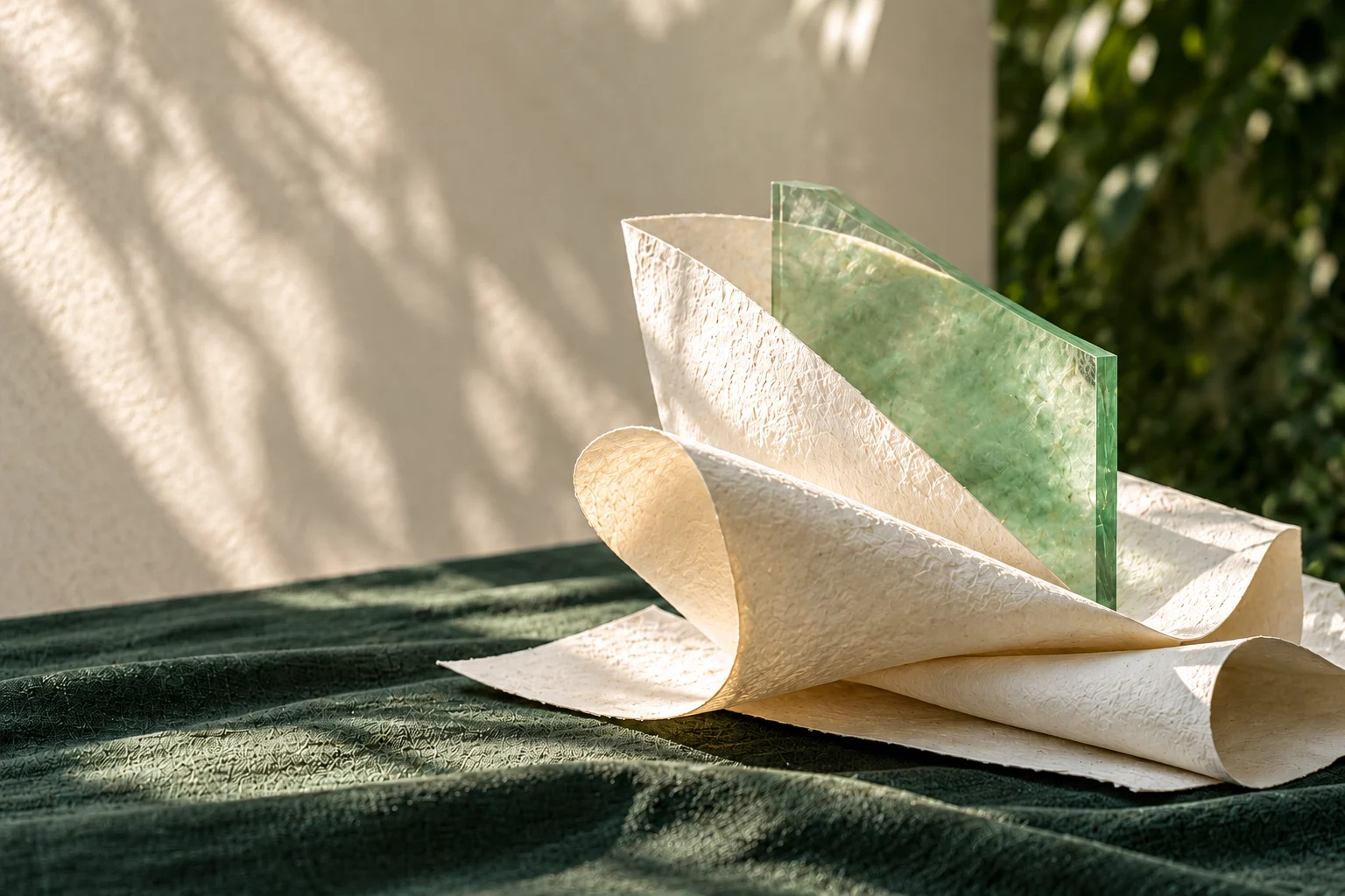 Ivory paper folds surround a translucent jade-green glass panel on dark green cloth.